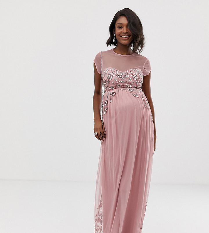 Maya Maternity All Over Premium Embellished Mesh Cap Sleeve Maxi Dress In Vintage Rose-pink