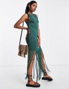 Asos Design Racer Front Tank Midi Dress With Fringe In Forest Green