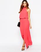 Warehouse Split Front Halter Maxi Dress - Coral Pink