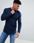 Asos Design Longline Muscle Sweatshirt With Curved Hem And Side Zips In Navy - Navy