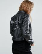 Asos Ultimate Leather Biker Jacket With Diamond Quilting And Back Print - Black