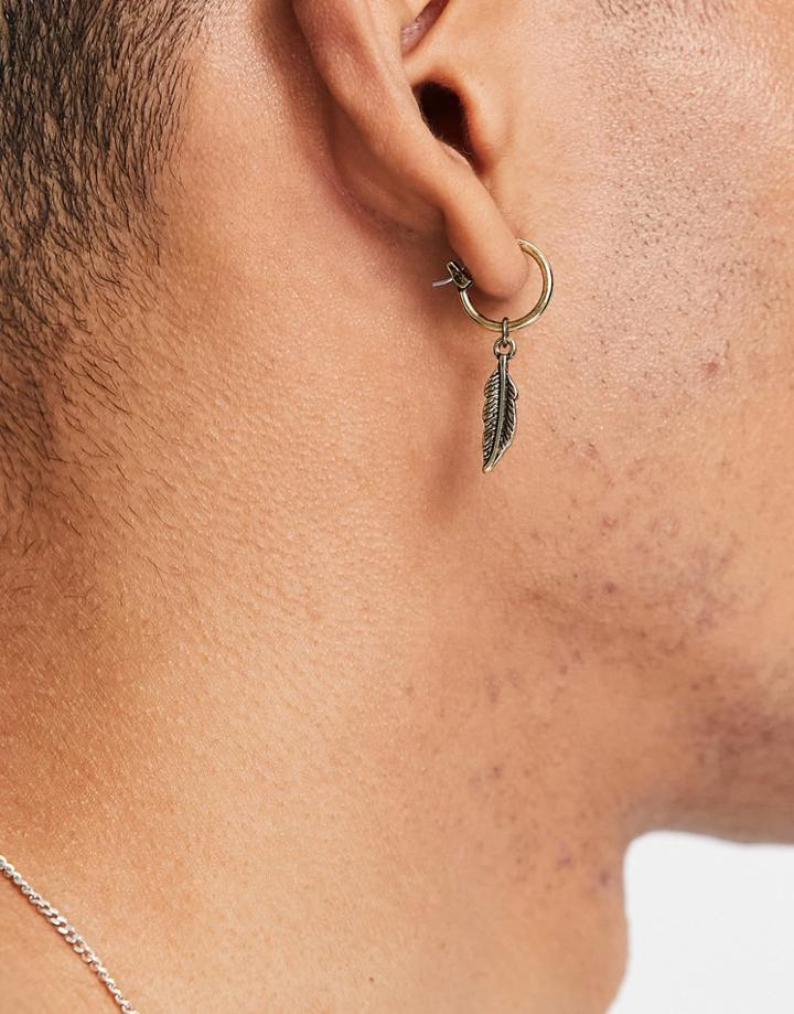 Asos Design Hoop Earrings With Asymmetric Feather Design In Gold Tone