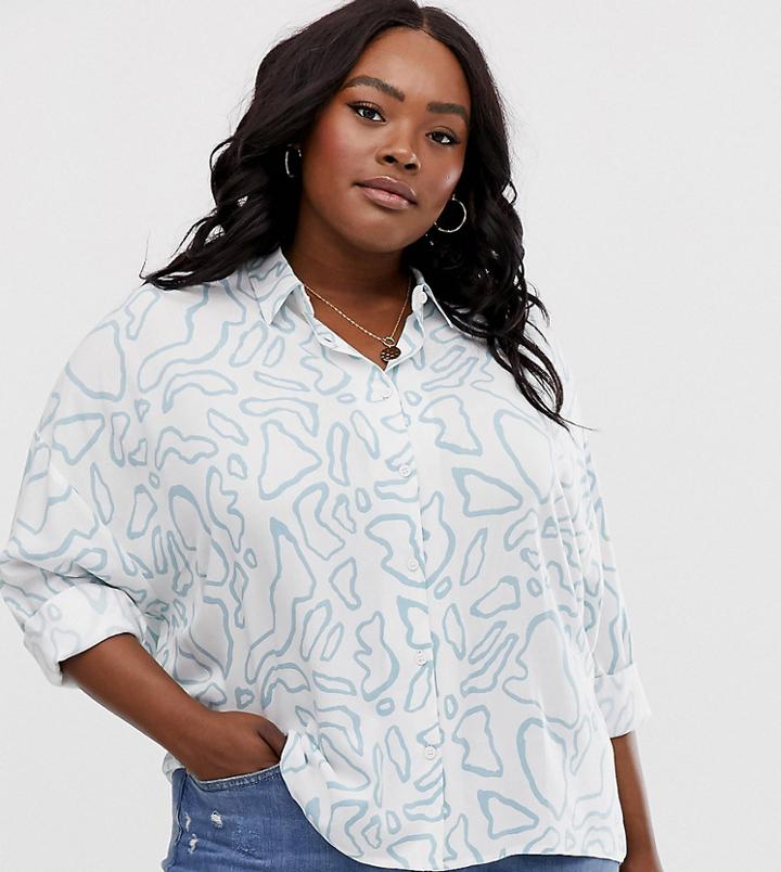Asos Design Curve Long Sleeve Cropped Shirt In Soft Abstract Print - Multi