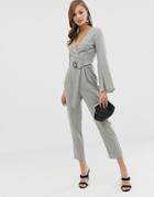 Asos Design Wrap Belted Exaggerated Sleeve Jumpsuit - Gray