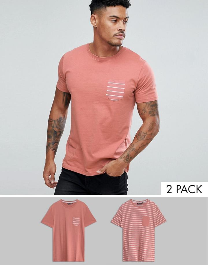 Brave Soul 2 Pack Stripe And Plain T-shirt - Pink