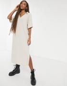 Asos Design Ribbed Midi V Neck Dress With Collar In Cream-neutral