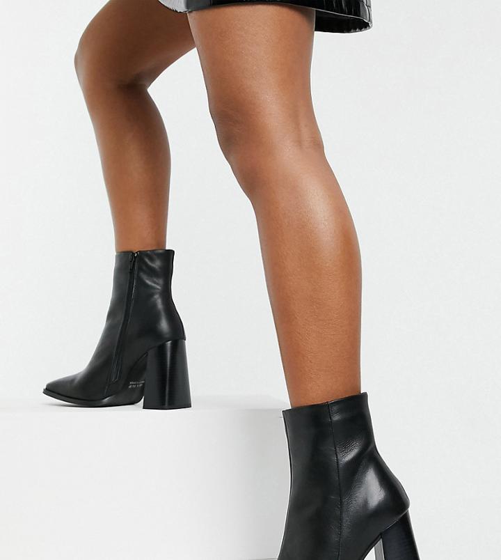 Depp Wide Fit Square Toe Block Heel Ankle Boots In Black Leather