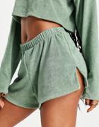 Asos Design Towelling Split Beach Set Short In Khaki-green