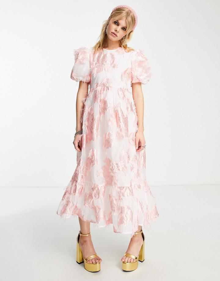 Sister Jane Puff Sleeve Midi Smock Dress In Pink Jacquard