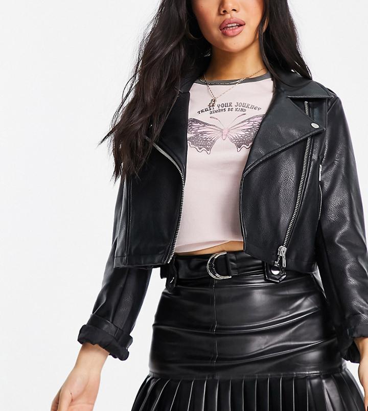 Asos Design Petite Leather Look Mini Skirt With Pleated Hem In Black