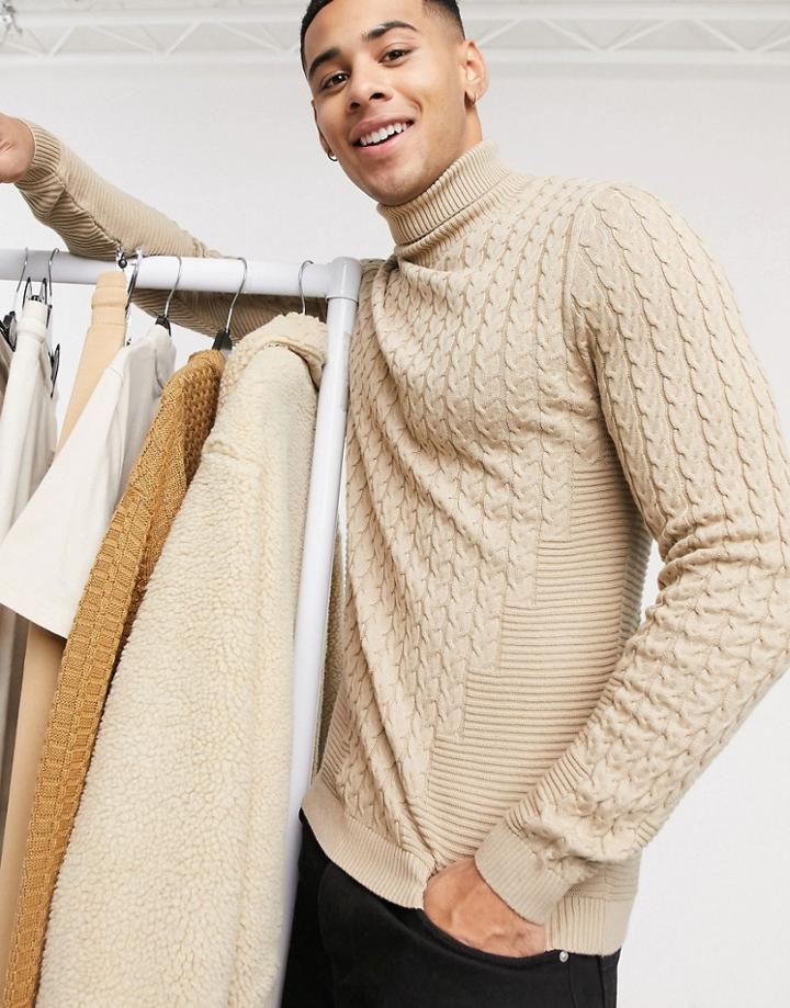 Asos Design Muscle Fit Cable Roll Neck Sweater In Oatmeal-neutral