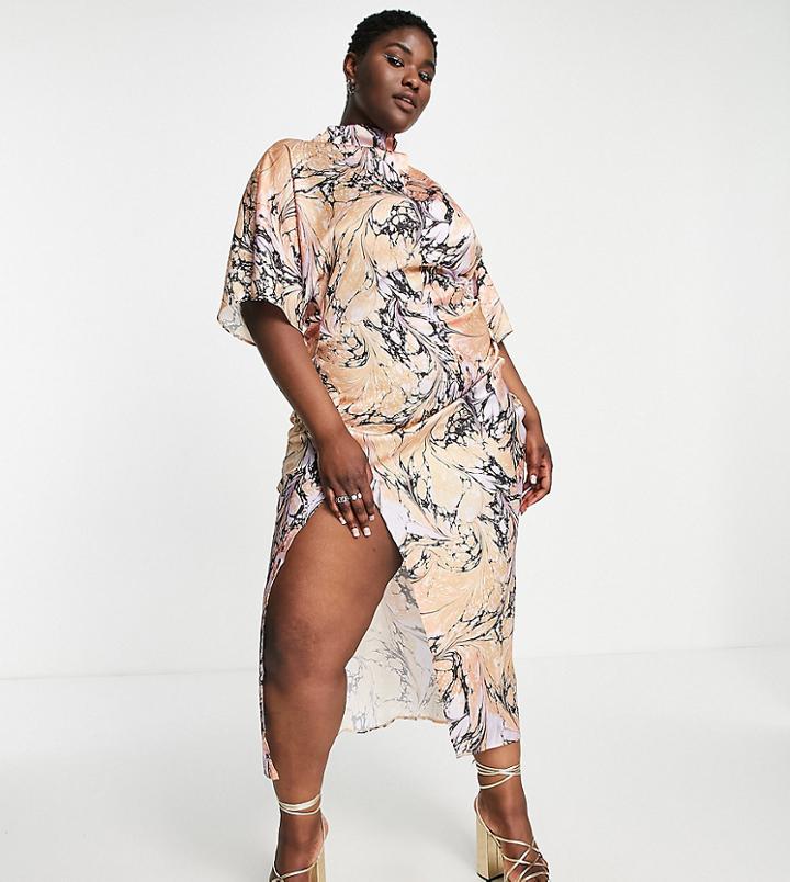 Asos Design Curve High Neck Grown On Sleeve Bias Satin Midi Dress In Marble Print-multi