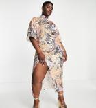 Asos Design Curve High Neck Grown On Sleeve Bias Satin Midi Dress In Marble Print-multi