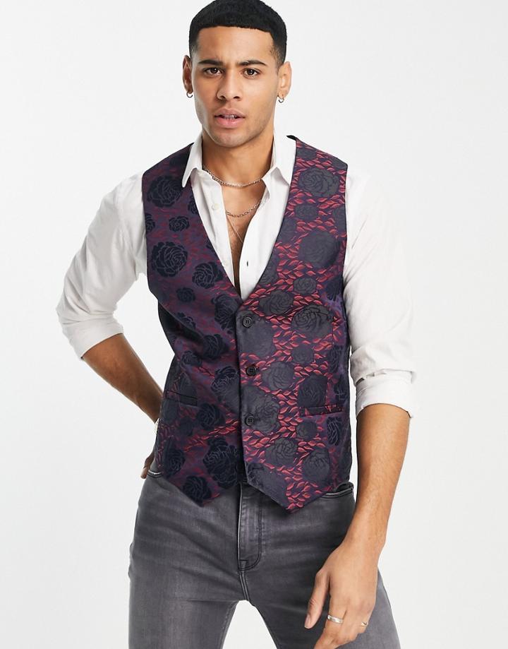Bolongaro Trevor Skinny Fit All Over Jacquard Embroidered Suit Vest-black