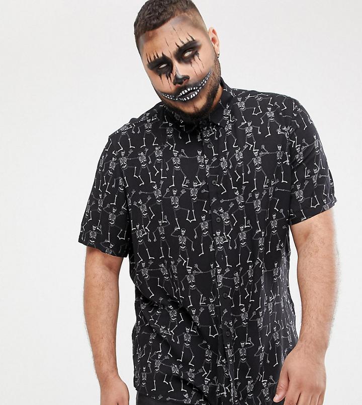 Asos Design Plus Halloween Regular Skeleton Print Shirt In Black - Black