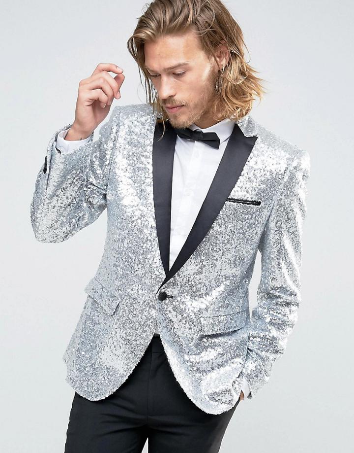 Asos Skinny All Over Sequin Blazer - Silver