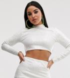 Club L London Petite Long Sleeve Sequin Crop Top In White - White