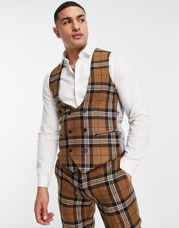 Twisted Tailor Vest In Brown Tartan Check