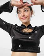 Vintage Supply High Neck Velvet Crop Top In Yin And Yang Print-black