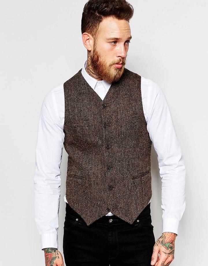 Asos Slim Vest In Harris Tweed - Brown