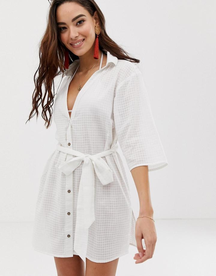 Asos Design Beach Shirt With Tie Waist In Textured Fabric - White