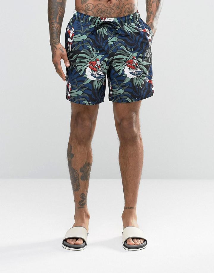 Asos Swim Shorts With Surfing Santa Print In Mid Length - Multi