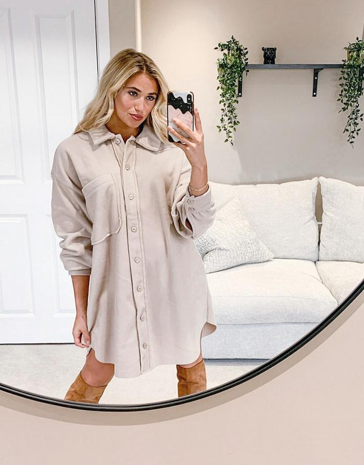 Asos Design Mini Fleece Shirt Dress In Camel-white