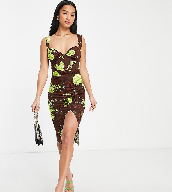 Asos Design Petite Sweetheart Ruched Side Midi Dress In Teal And Rust Floral Print-multi