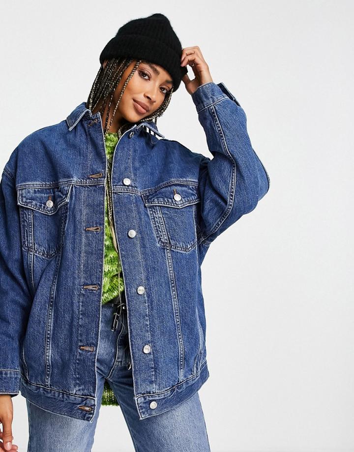 Topshop Dad Denim Jacket With Check Lining In Mid Blue-blues