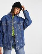 Topshop Dad Denim Jacket With Check Lining In Mid Blue-blues