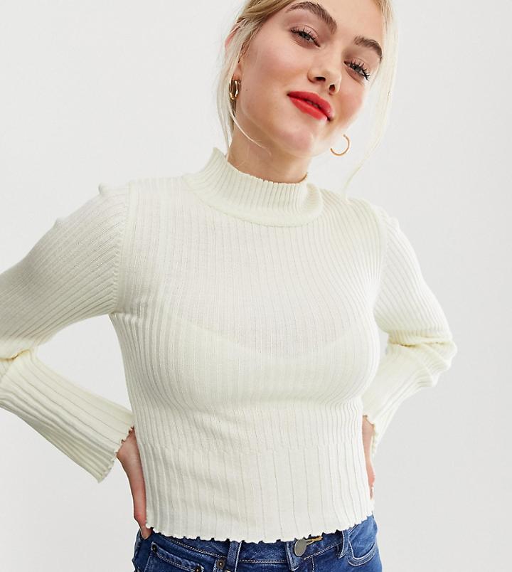 Asos Design Petite Lettuce Trim Ribbed Sweater - Cream