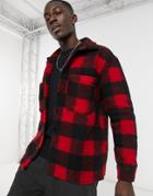 Bershka Fleece Overshirt In Red Check
