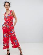 Qed London Tie Shoulder Culotte Jumpsuit In Ditsy Print - Red