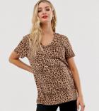 Asos Design Maternity Nursing Double Layer V-neck T-shirt In Leopard Print - Multi
