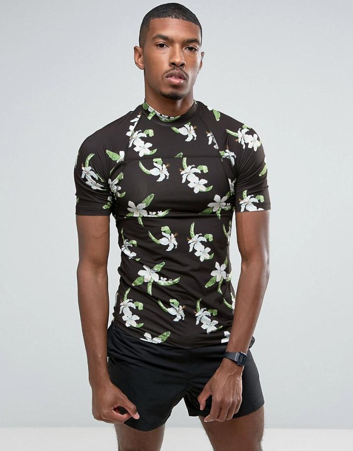 Asos Rash Tank With Uv Protection With Floral Print In Black - Black