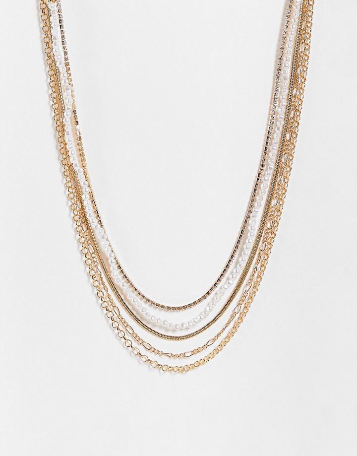 Asos Design Multi Row Necklace In Chain And Pearl Design-gold