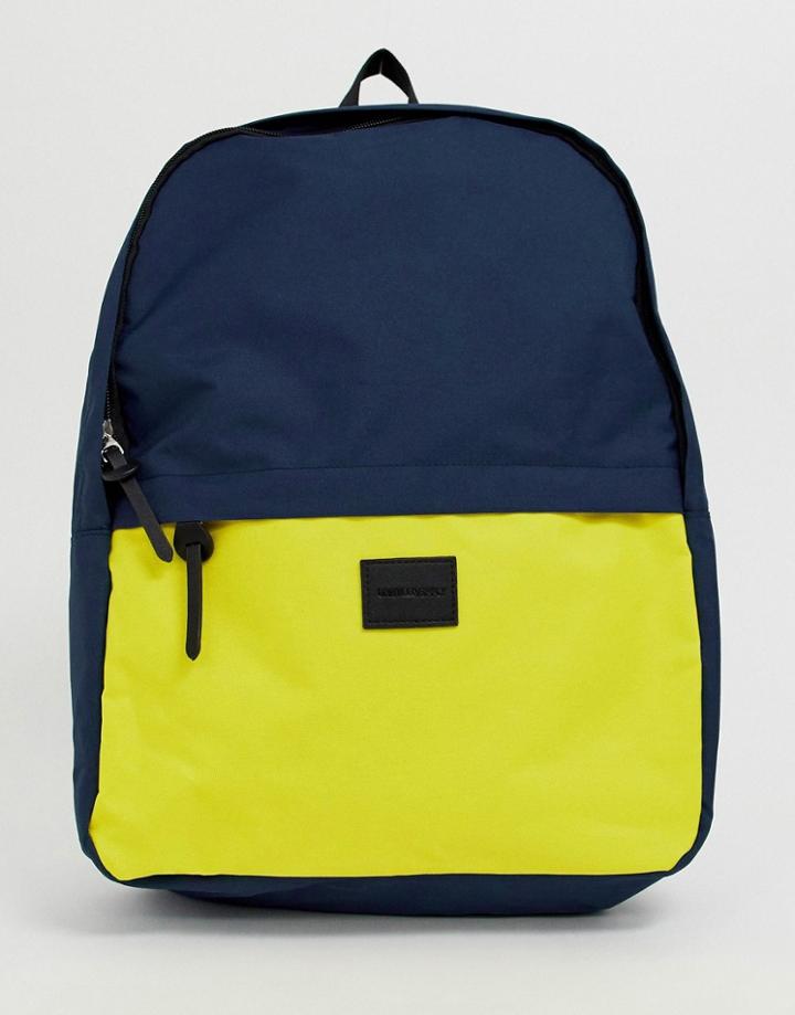Asos Design Backpack In Navy And Yellow Color Block - Navy