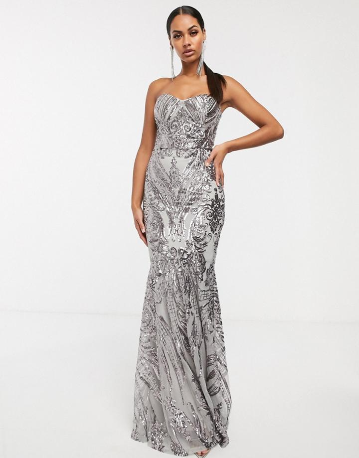 Club L London Baroque Bandeau Sequin Maxi Dress-silver