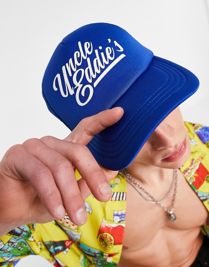 Asos Design Trucker Cap In Blue With Text Print-blues