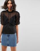 Asos Tea Blouse In Chiffon Lace Mix With Ruffle - Black
