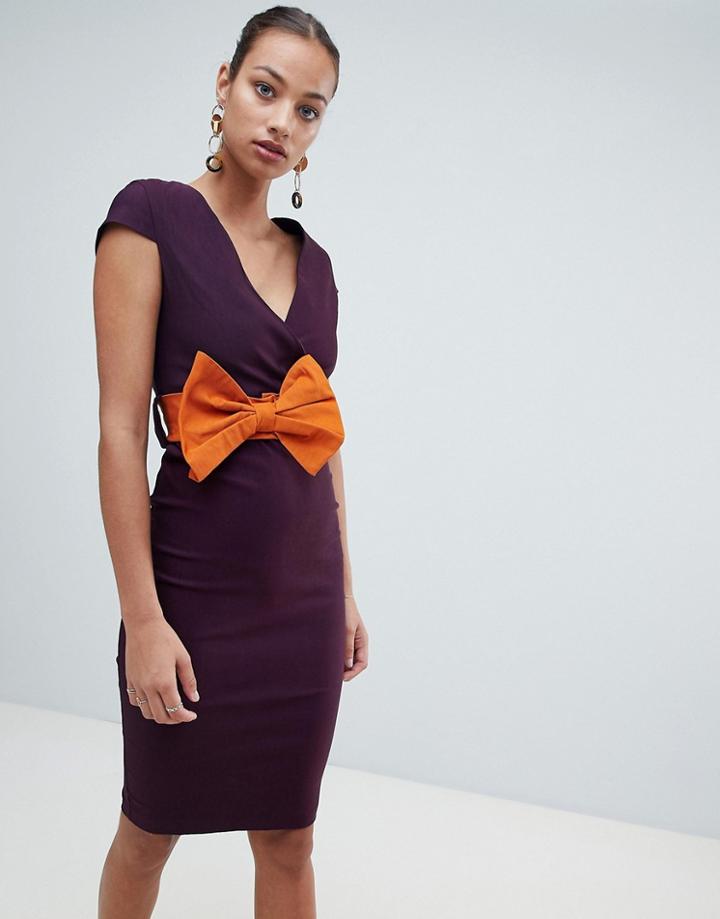 Vesper Pencil Midi Dress With Bow Detail - Purple