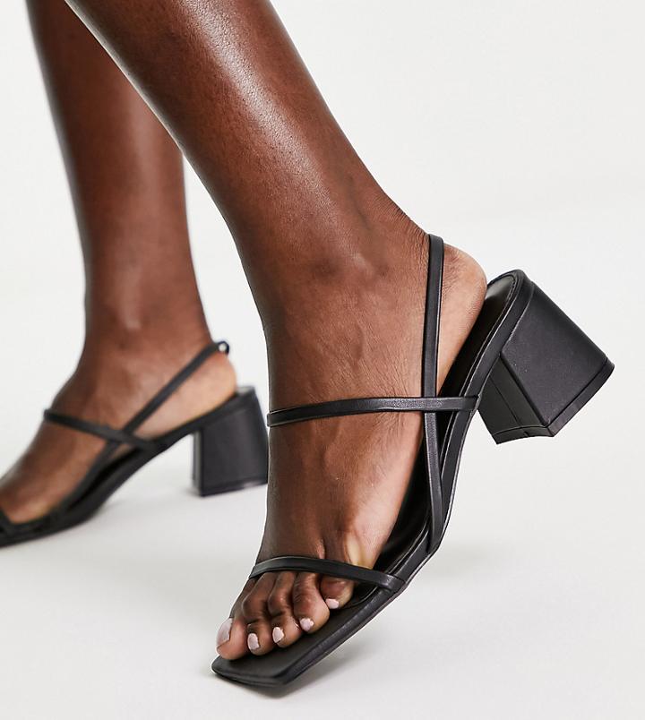 Public Desire Wide Fit Just Realize Strappy Mid Heel Sandals In Black Pu