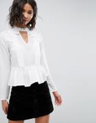 Asos Plunge Victoriana Blouse With Cotton Lace Detail - White