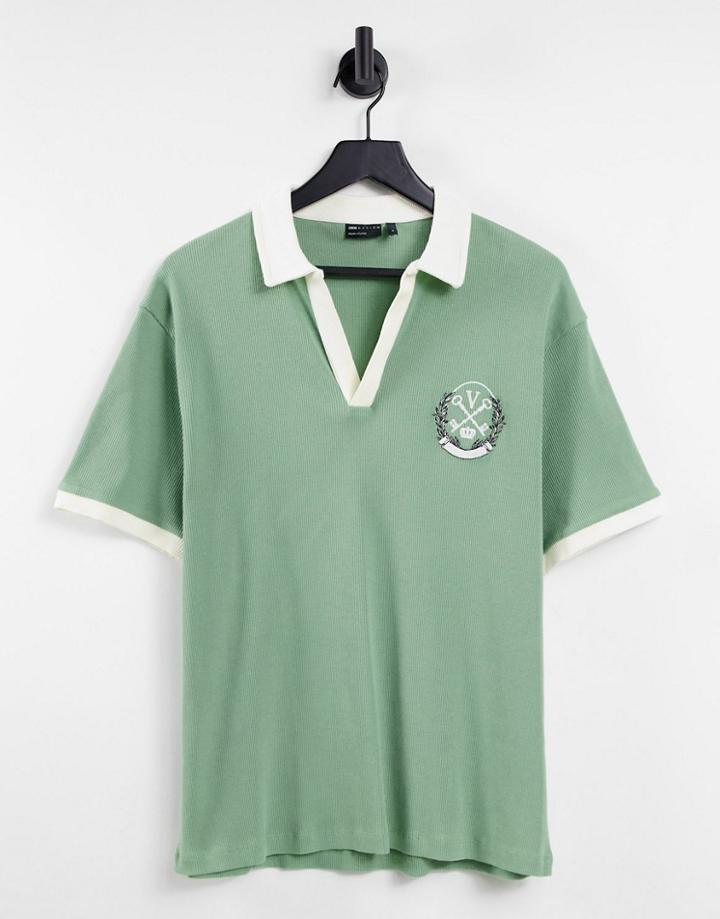 Asos Design Relaxed Polo T-shirt In Green Rib With Embroidery