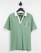 Asos Design Relaxed Polo T-shirt In Green Rib With Embroidery