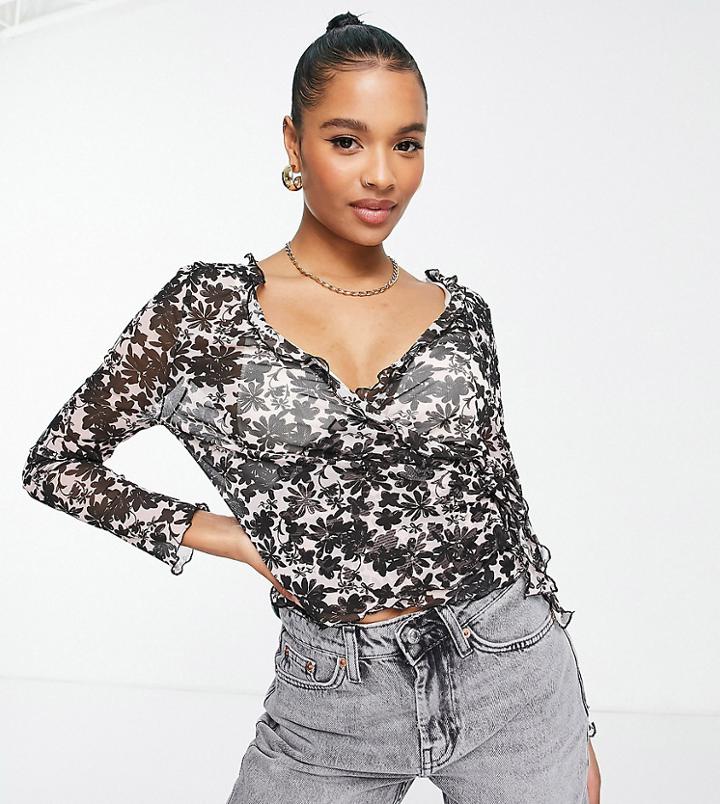 Topshop Petite Floral Mesh Tie Front Cardi In Multi