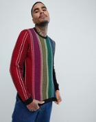 Asos Design Knitted Ribbed Sweater With Veritcal Rainbow Stripes - Multi