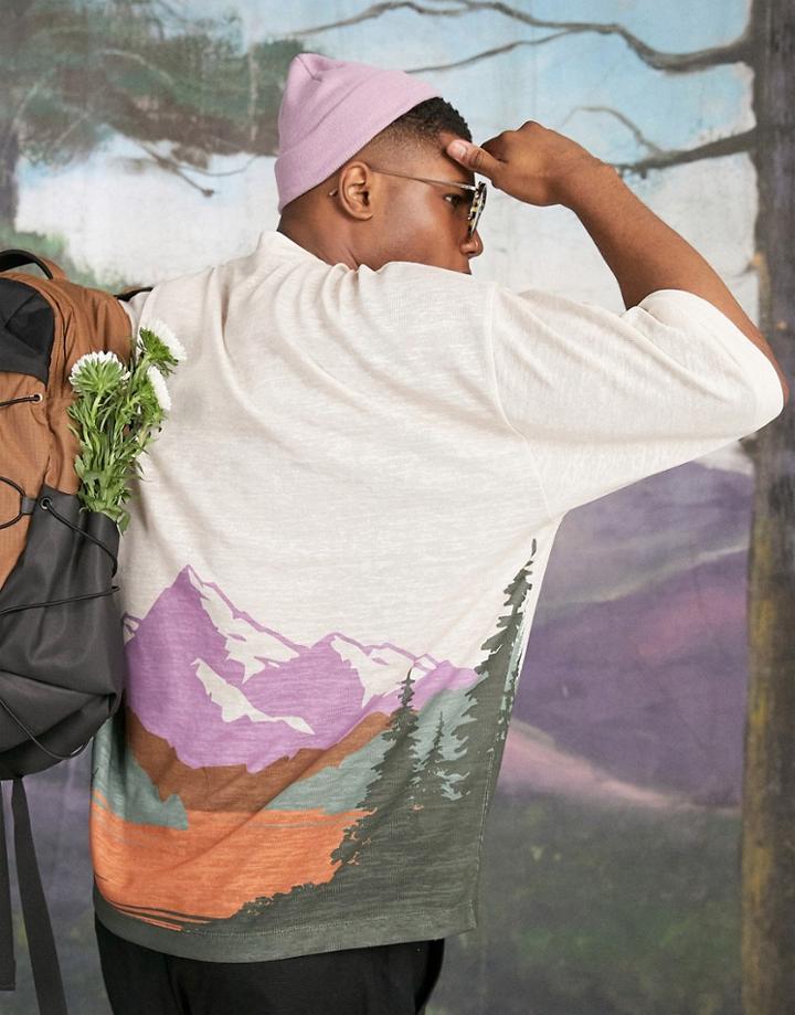Asos Design Oversized T-shirt In All Over Scenic Mountain Print-multi