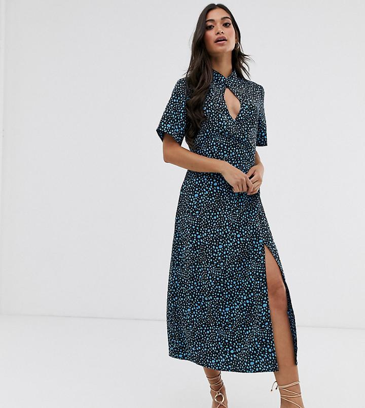 Fashion Union Petite High Neck Midi Shift Dress With Key Hole Detail In Dalmation Satin-blue