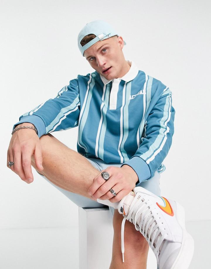 Asos Actual Oversized Rugby Sweatshirt In Blue Stripe With Embroidered Logo-blues